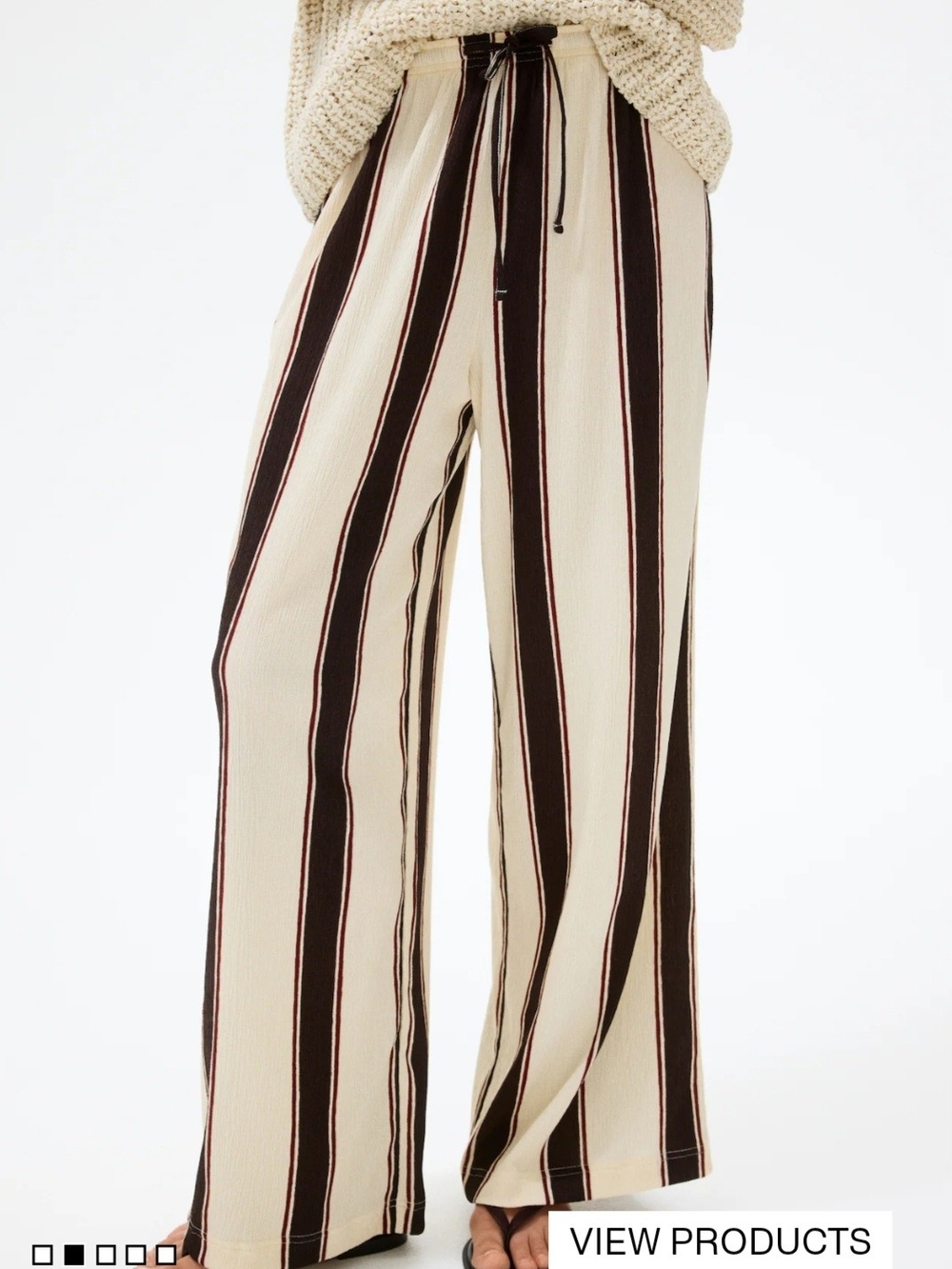 Casual Wide-Leg Striped Drawstring Pants - Ivory & Brown